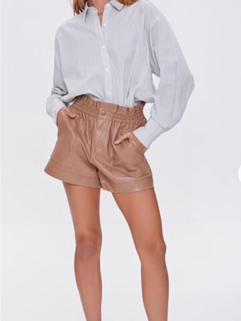 High-Waist Faux Leather Paperbag Shorts - Tan